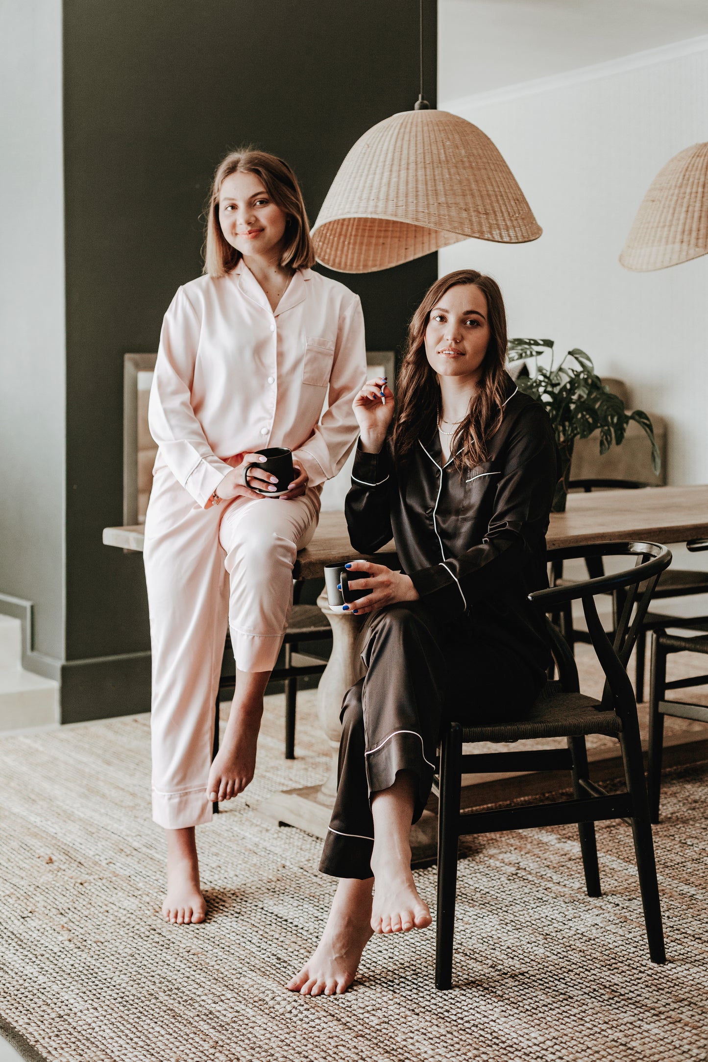 Matt Satin Winter Pajama Set- Black