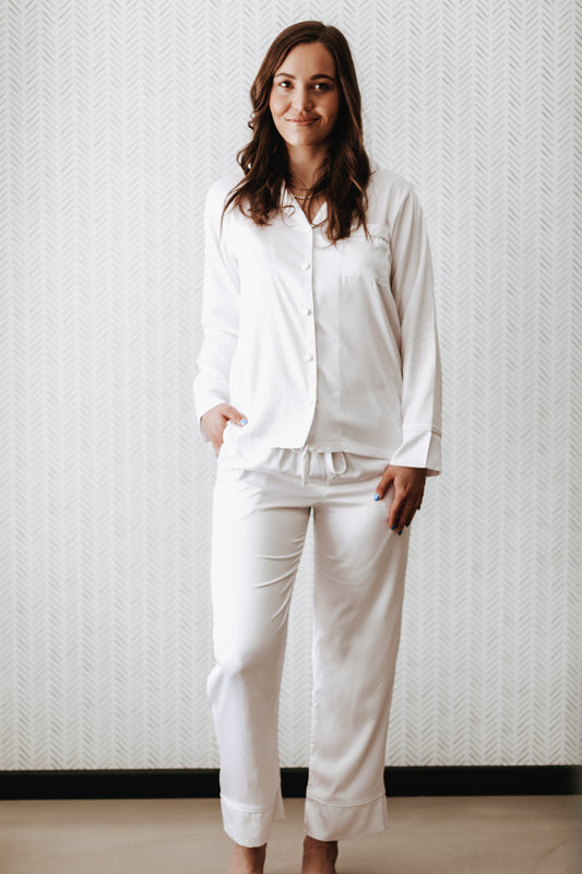 Matt Satin Winter Pajama Set- White