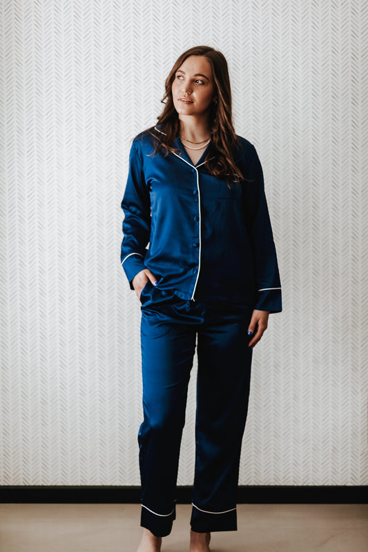 Matt Satin Winter Pajama Set- Sapphire