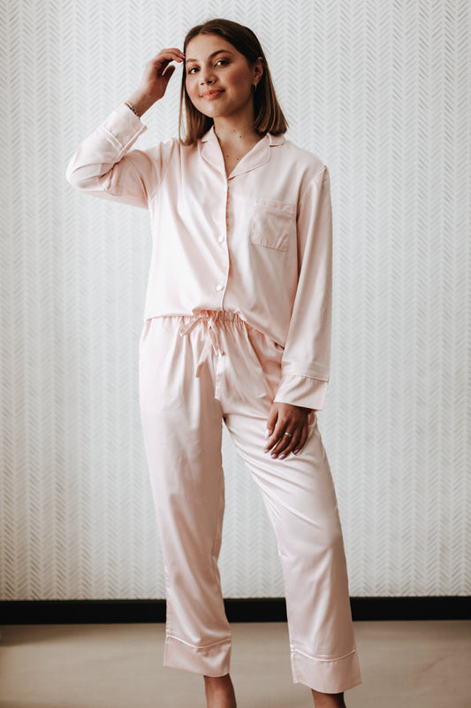 Matt Satin Winter Pajama Set- Blush