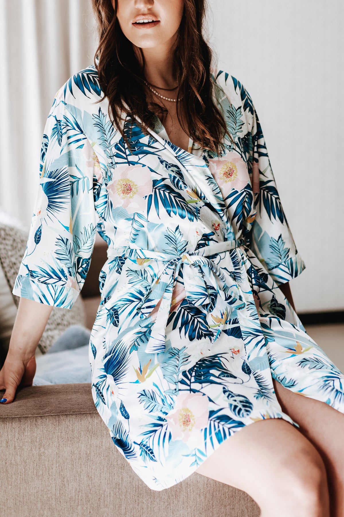 Blue Patterned Robe Blue Palm Satin Robe – vowsbridalshop.com